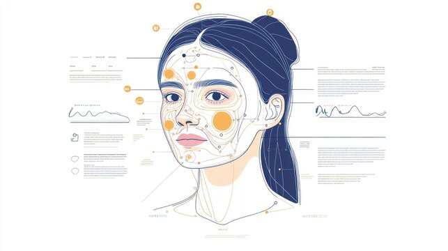 Illustration of facial anatomy and skincare points for educational purposes.