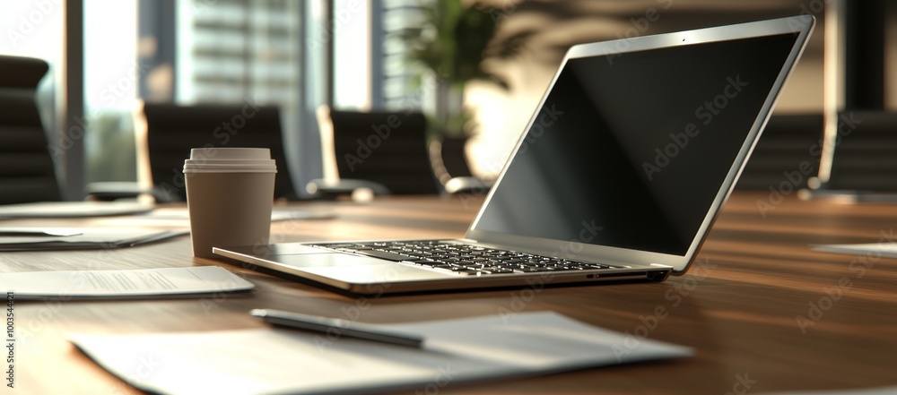 Poster close-up of a laptop computer on a wooden desk in a modern office with a cup of coffee and documents
