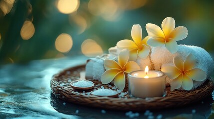 Thai herbal compress with beautiful frangipani flowers on a wicker tray. Mindfulness atmosphere. Towel, candle, salt spoon. Over tropical beach background. Health and wellness. Spa concept.Soft light.