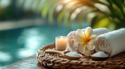 Thai herbal compress with beautiful frangipani flowers on a wicker tray. Mindfulness atmosphere. Towel, candle, salt spoon. Over tropical beach background. Health and wellness. Spa concept.Soft light.