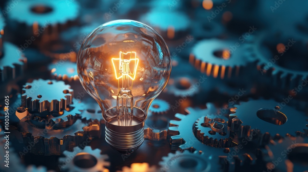 Poster an illustration of a lightbulb surrounded by gears, representing the innovation and ideation process