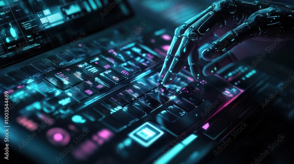 Poster android's hands press keys on an open laptop, displaying holographic projections of icons and busine