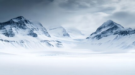 Obraz premium Snow-covered mountain landscape under soft lighting, capturing a peaceful winter scene with a serene atmosphere. The snow-laden peaks and gentle light create a sense of tranquility and natural beauty