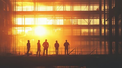 Engineers and workers inspecting the progress of a building project, their silhouettes standing