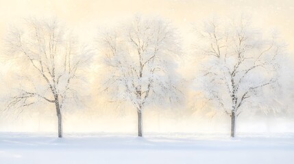 Fototapeta premium Frosty winter morning with snow-covered trees illuminated by gentle sunlight, creating a calm and quiet atmosphere. A serene winter landscape showcasing the natural beauty of the season