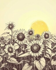 of a Hand Drawn Aesthetic Sunflower Field under the Warm Summer Sun