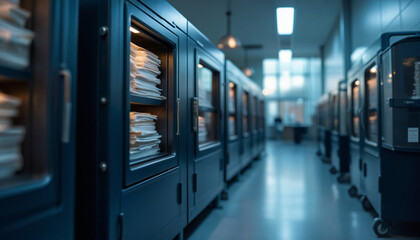A long hallway with many blue cabinets and shelves
