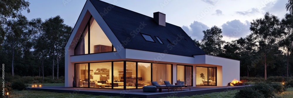Poster modern, white, triangular home with large windows, a black roof, and a deck with loungers and a fire