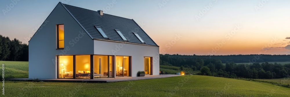Poster modern home with large windows and a wooden deck, overlooking a green field and forest during a suns