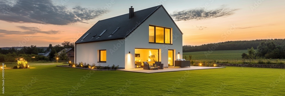 Aufkleber modern home with large windows and a patio at dusk.