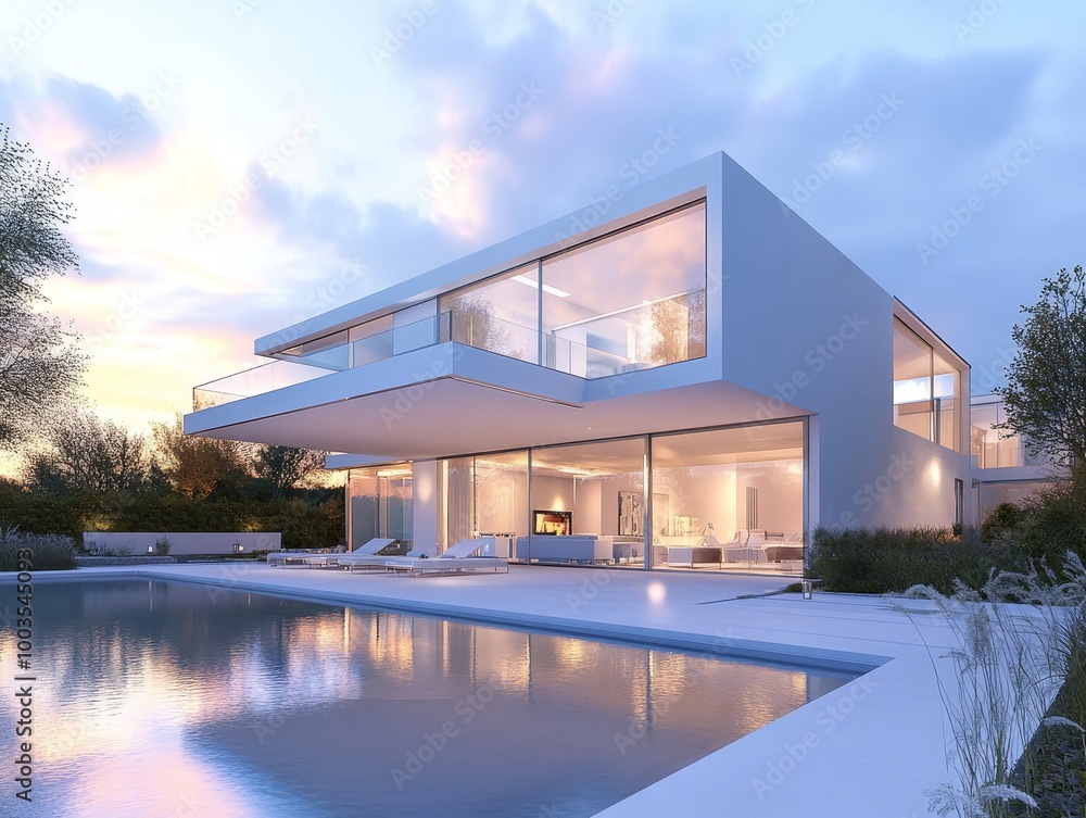 Poster modern home with pool and large windows reflecting the sky.