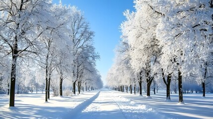 Obraz premium Frosty winter morning with snow-covered trees illuminated by gentle sunlight, creating a calm and quiet atmosphere. A serene winter landscape showcasing the natural beauty of the season