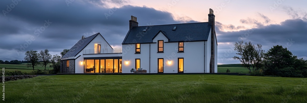 Poster a modern white house with large windows and a slate roof, illuminated by warm lights, sits on a gras