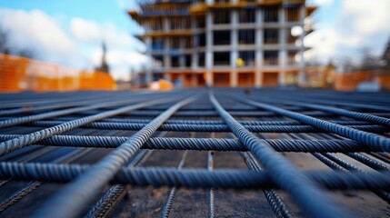 Wire mesh piles are neatly arranged on a construction site, ready for use, with a blurred background of a large building under construction