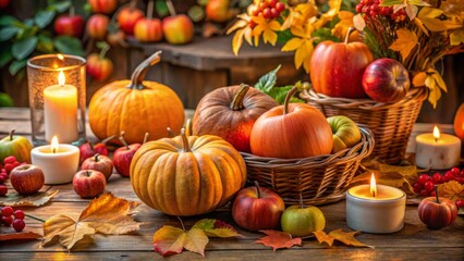 Embrace autumn with a cozy tabletop adorned with colorful pumpkins, fresh apples, and vibrant leaves, creating a warm