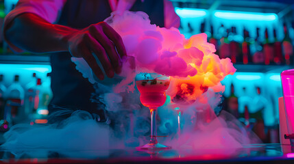 A molecular mixology bar scene with a bartender creating a cocktail using dry ice, vibrant colored gels, and foams, illuminated by neon lights, evoking a futuristic and innovative vibe