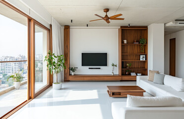 Modern interior design of a living room with white walls and a wooden TV stand, white floor tiles, a balcony in the background, a black ceiling fan, a large flat-screen TV on the wall. Created with Ai