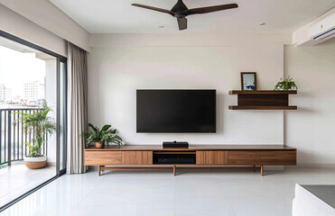A modern, minimalist-style living room with a white floor, a wooden TV cabinet, and a wall-mounted shelf on the right side of the television. Created with Ai