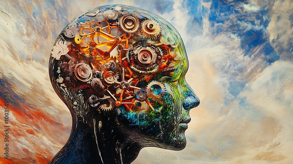 Poster a profile view of a human head with gears and cogs inside, a representation of the human mind, set a