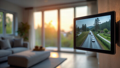 A television screen shows a road with cars driving down it