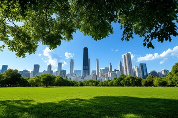 Fototapeta premium A sprawling urban skyline viewed from across a park, where nature and city life coexist, with skyscrapers towering above the greenery