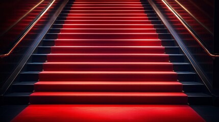 elegant red carpet on the stairs on a dark background. The path to glory, victory and success