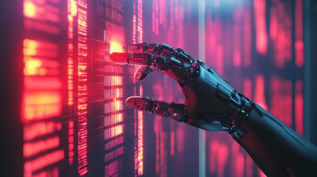 Futuristic AI supercomputer glowing with neon lights, humanoid cyborg with bionic hand