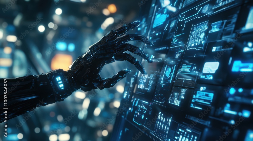 Poster futuristic ai supercomputer in a cyber world, humanoid cyborg with a bionic hand interacting