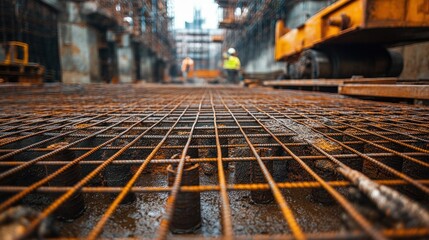 Wire mesh rebar structure being prepared for foundation reinforcement in a large building