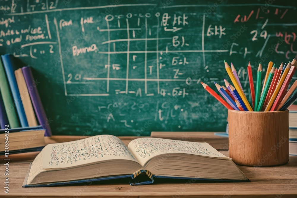 Poster open book on a wooden table in front of a chalkboard with math equations and a pencil holder full of