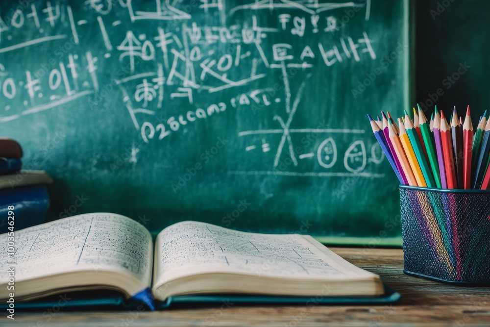 Poster open notebook with pencils on a table with a chalkboard in the background.