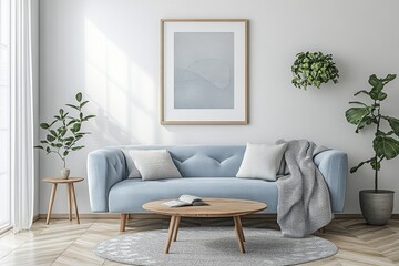A modern living room interior with a blue sofa, wooden coffee table, and potted plants.