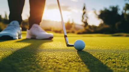 Golfer lining up a putt on a green golf course, focusing on sinking the ball into the hole. A peaceful moment of precision.