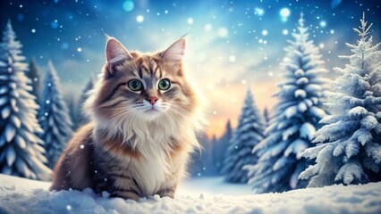 Fluffy cat joyfully frolics in fresh snow, surrounded by a breathtaking winter wonderland filled with shimmering trees