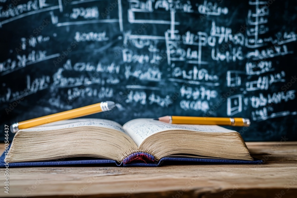 Aufkleber open book with yellow pencils on a wooden table with a blackboard in the background.
