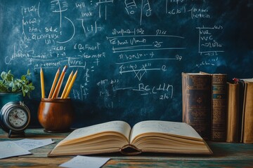 Open book with pencils and vintage books on a wooden table with a chalkboard in the background filled with mathematical equations.