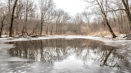 Frozen lake reflecting the surrounding winter forest with icy textures and cool tones. A tranquil scene capturing the stillness and beauty of nature during the cold season