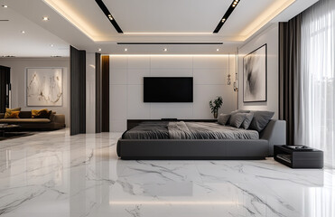 Modern minimalist style, with white marble floor tiles featuring gray veins and light-colored walls. A TV wall is situated on the right side of the bedroom wall. Created with Ai