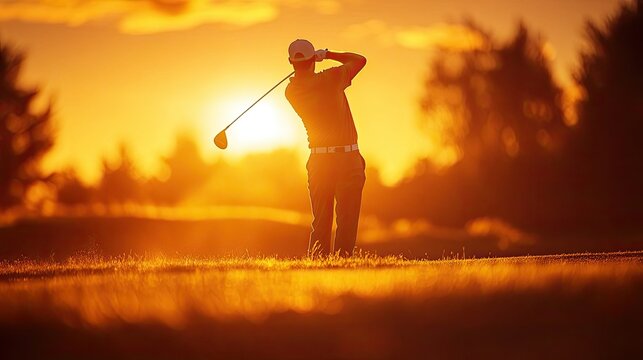 Golfer taking a shot on a golf course during sunset, with long shadows and a golden sky providing a stunning backdrop.