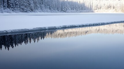 Frozen lake reflecting the surrounding winter forest with icy textures and cool tones. A tranquil scene capturing the stillness and beauty of nature during the cold season