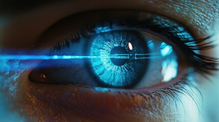Futuristic closeup of a blue digital light beam shining across a human eye, highlighting