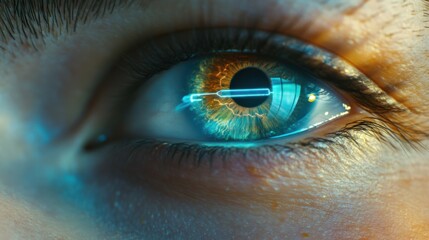 Fototapeta premium Futuristic closeup of a human eye with a blue electronic beam scanning across the iris,