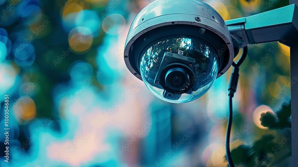 Poster high tech security camera in a public park ensures safety and monitors the surroundings, aiding in c