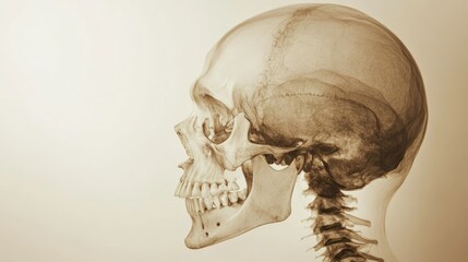 High-definition X-ray of a human skull, with clear bone structure and medical analysis markings, set against a neutral background.