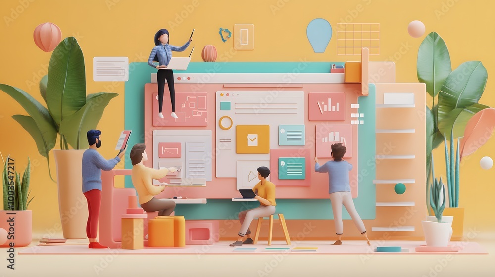 Fototapete web ui ux design teamwork concept 3d illustration. team people building creating website user interf