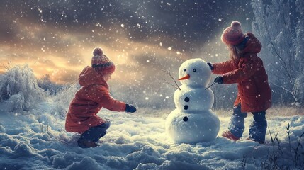 Children build snowman in falling snow