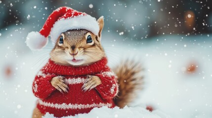 Chipmunk in snow with winter clothes like Santa Claus.. Christmas style hat and sweater. Funny animals in winter.