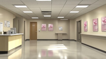 Interior of a modern medical facility with a reception area and artwork on the walls.