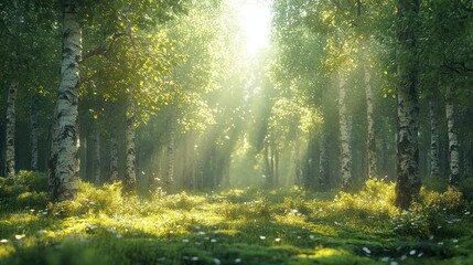 Fototapeta premium Sunbeams Through Birch Forest