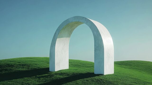 Minimalist white arch on vibrant green hills under a clear blue sky, 4k video